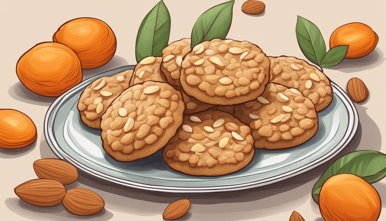 A plate of amaretti cookies surrounded by almonds and apricots