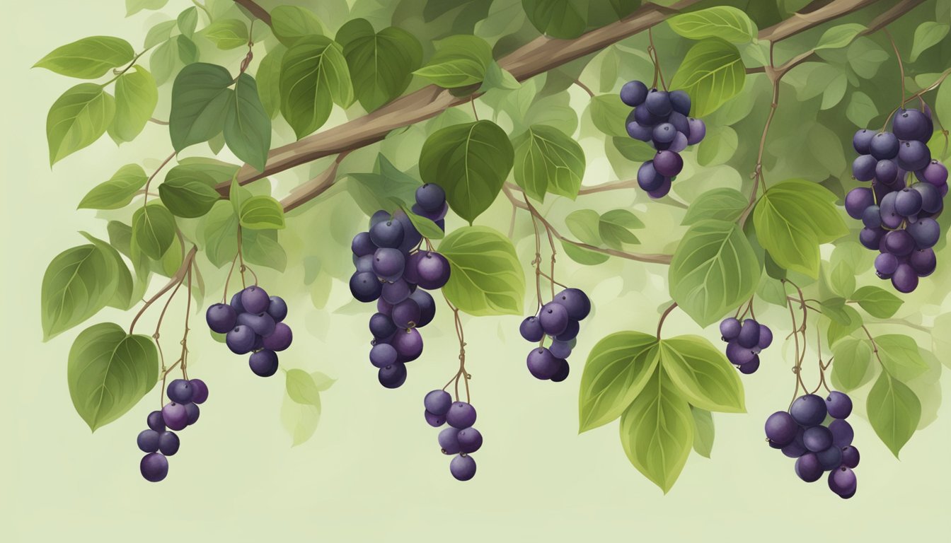 A woodland scene with lush green foliage and small purple serviceberries hanging from the branches