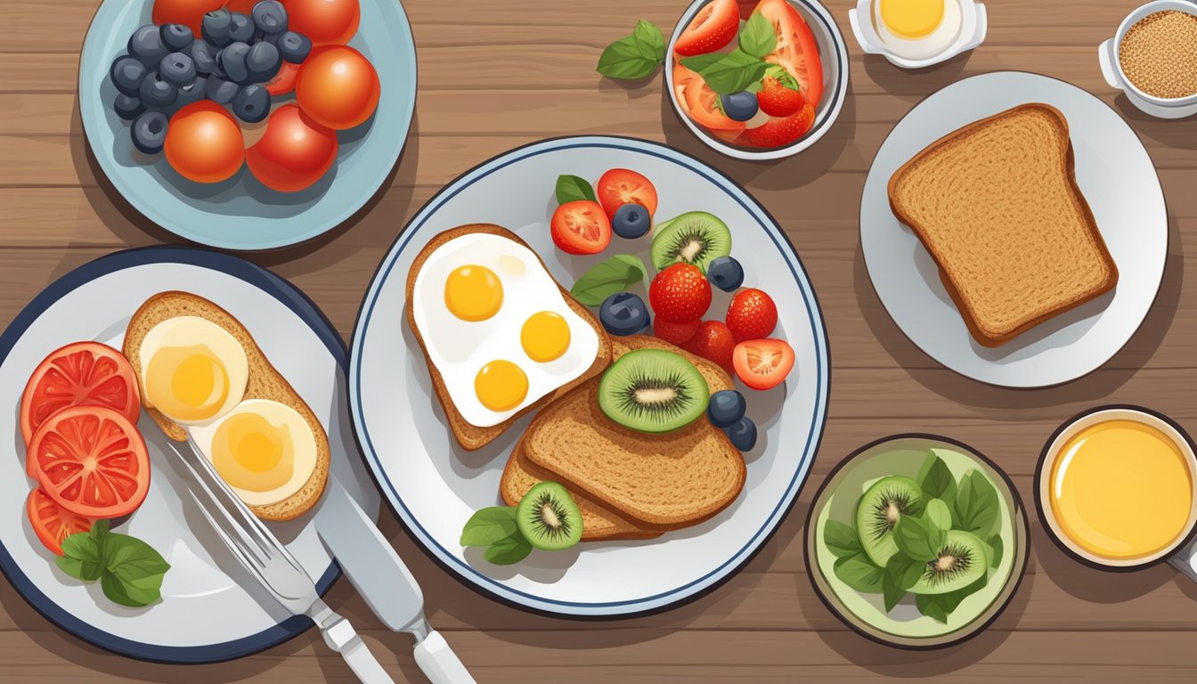 A plate with whole grain toast, eggs, tomatoes, and mushrooms, alongside a bowl of fresh fruit, all arranged in an appetizing and colorful display