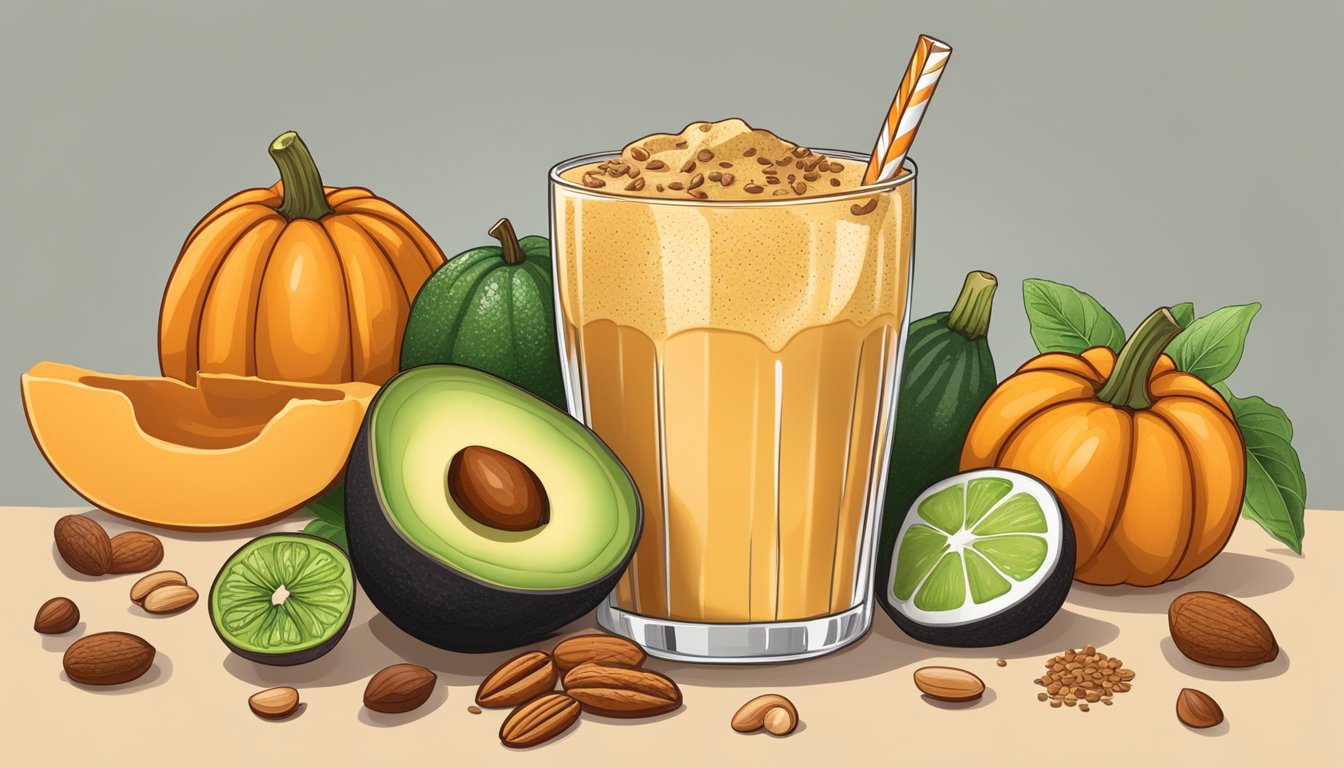 A glass of pumpkin avocado smoothie surrounded by various diabetic-friendly ingredients like nuts, cinnamon, and chia seeds