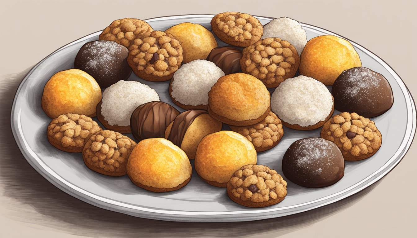 A plate of amaretti cookies with different textures and flavors, including almond, chocolate, and citrus, arranged in an appealing and artistic manner