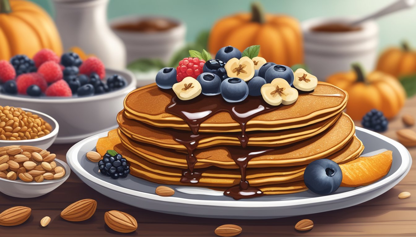 A stack of pumpkin flaxseed pancakes surrounded by various toppings like berries, nuts, and a drizzle of sugar-free syrup