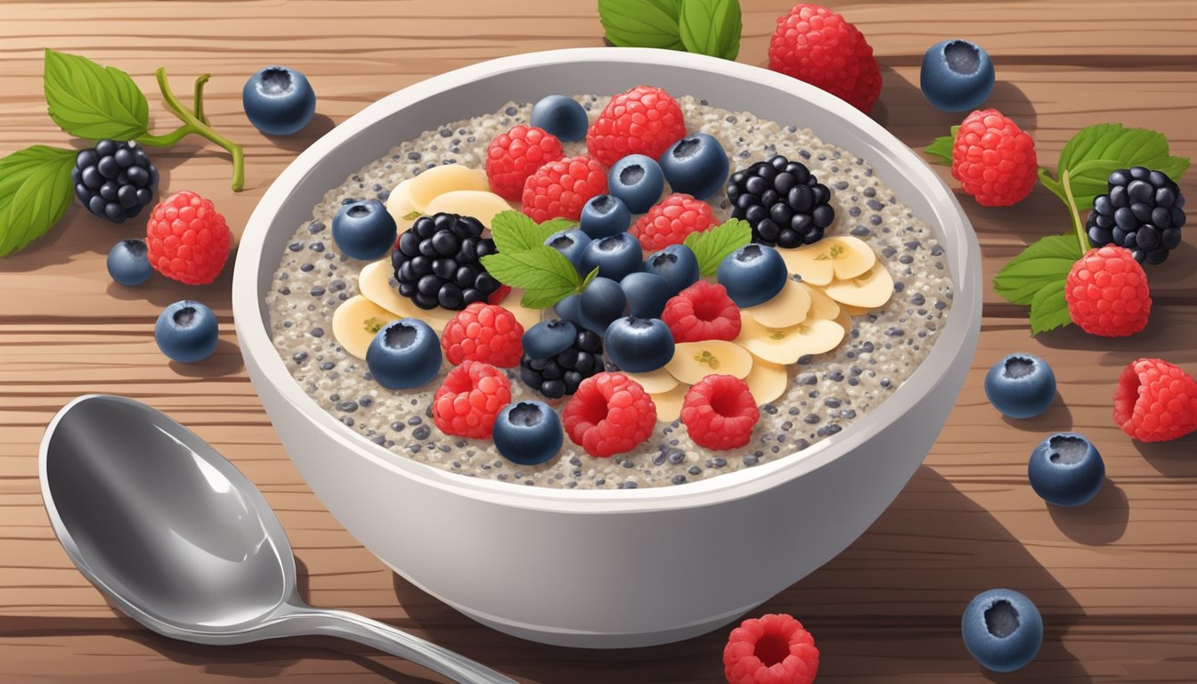 A bowl of chia seed overnight oats topped with fresh berries sits on a rustic wooden table, surrounded by ingredients like chia seeds, oats, and assorted berries