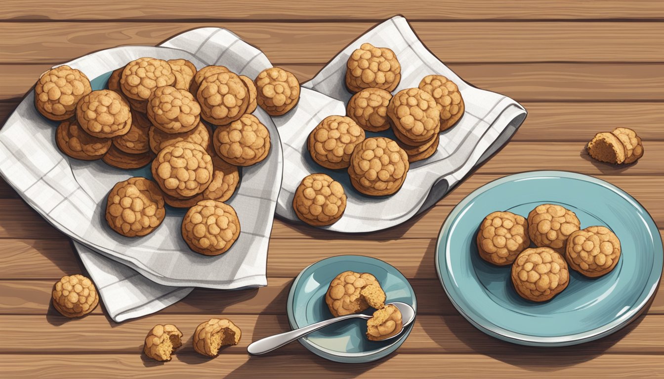 A plate of vegan amaretti cookies arranged with a small serving spoon and a decorative napkin on a wooden table