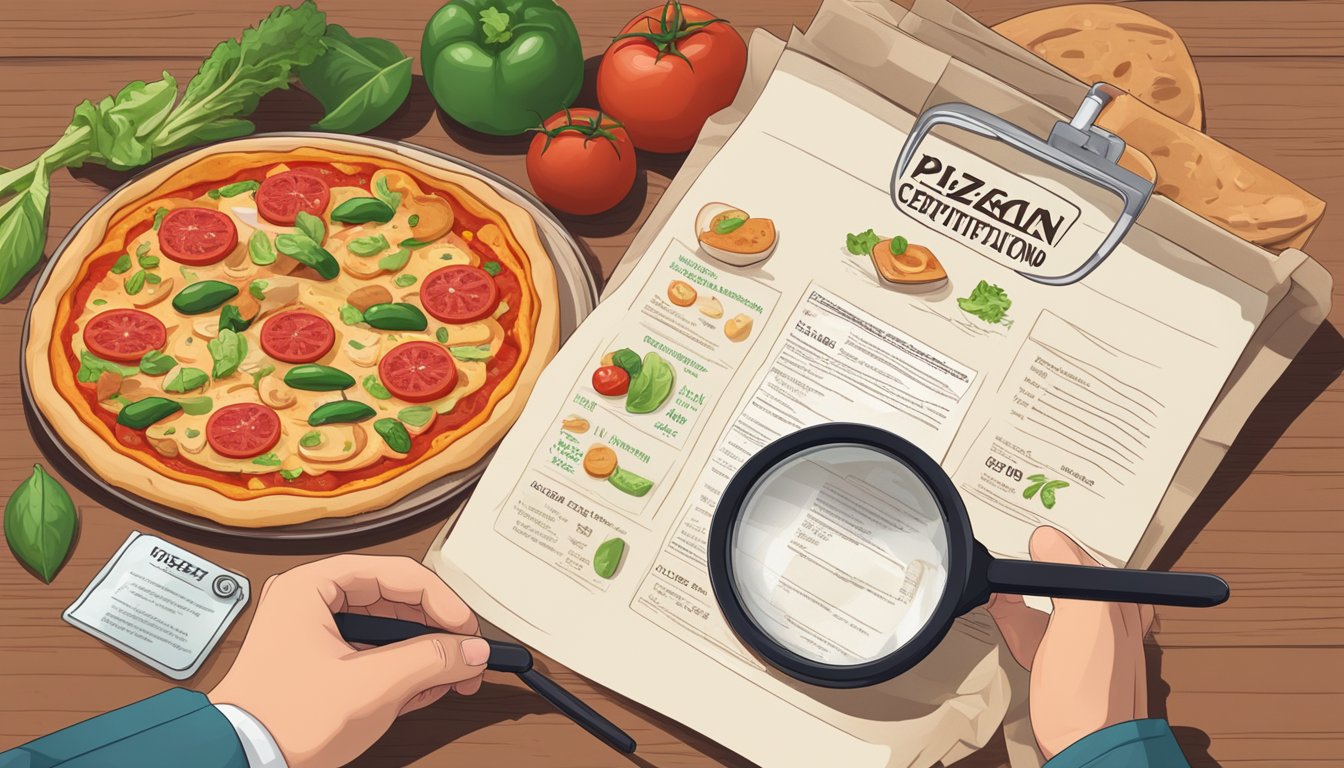 A pizza pocket sits on a plate next to a list of ingredients. A person holds a magnifying glass, examining the packaging for vegan certification