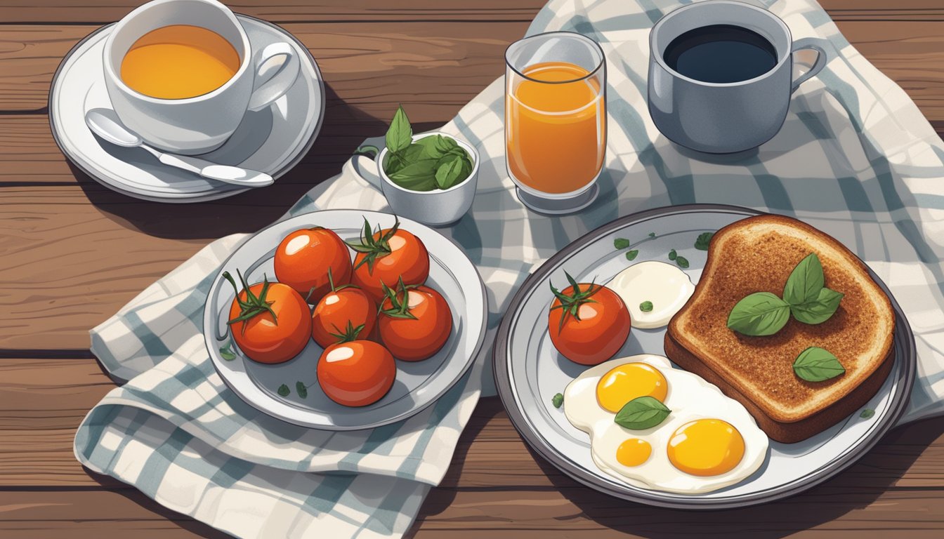 A plate of grilled tomatoes, eggs, and whole grain toast, with a side of fresh fruit and herbal tea, set on a rustic breakfast table