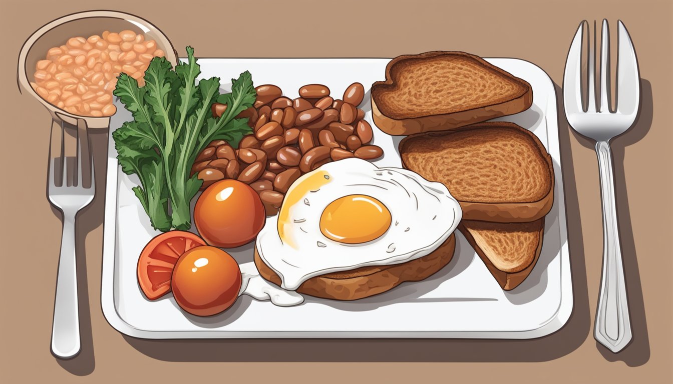 A plate with low-sodium baked beans, grilled tomatoes, mushrooms, and whole grain toast, accompanied by a poached egg and turkey bacon