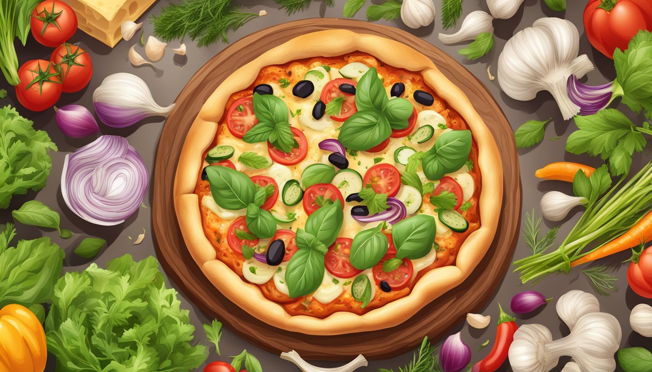 A mouthwatering garlic bread pizza surrounded by fresh vegetables and herbs