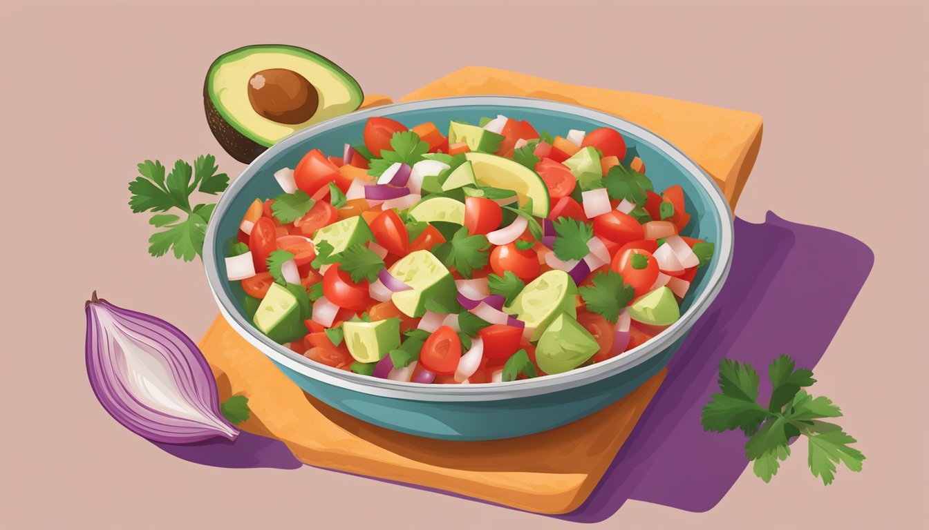 A bowl of vibrant Pico de Gallo with diced avocado, tomatoes, onions, and cilantro, served alongside tortilla chips on a colorful table setting