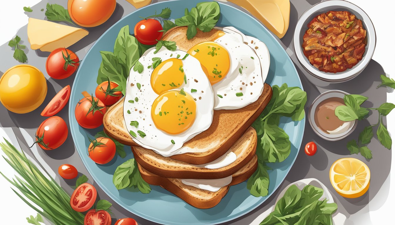 A plate with poached eggs, turkey bacon, grilled tomatoes, and whole wheat toast, surrounded by fresh fruits and vegetables