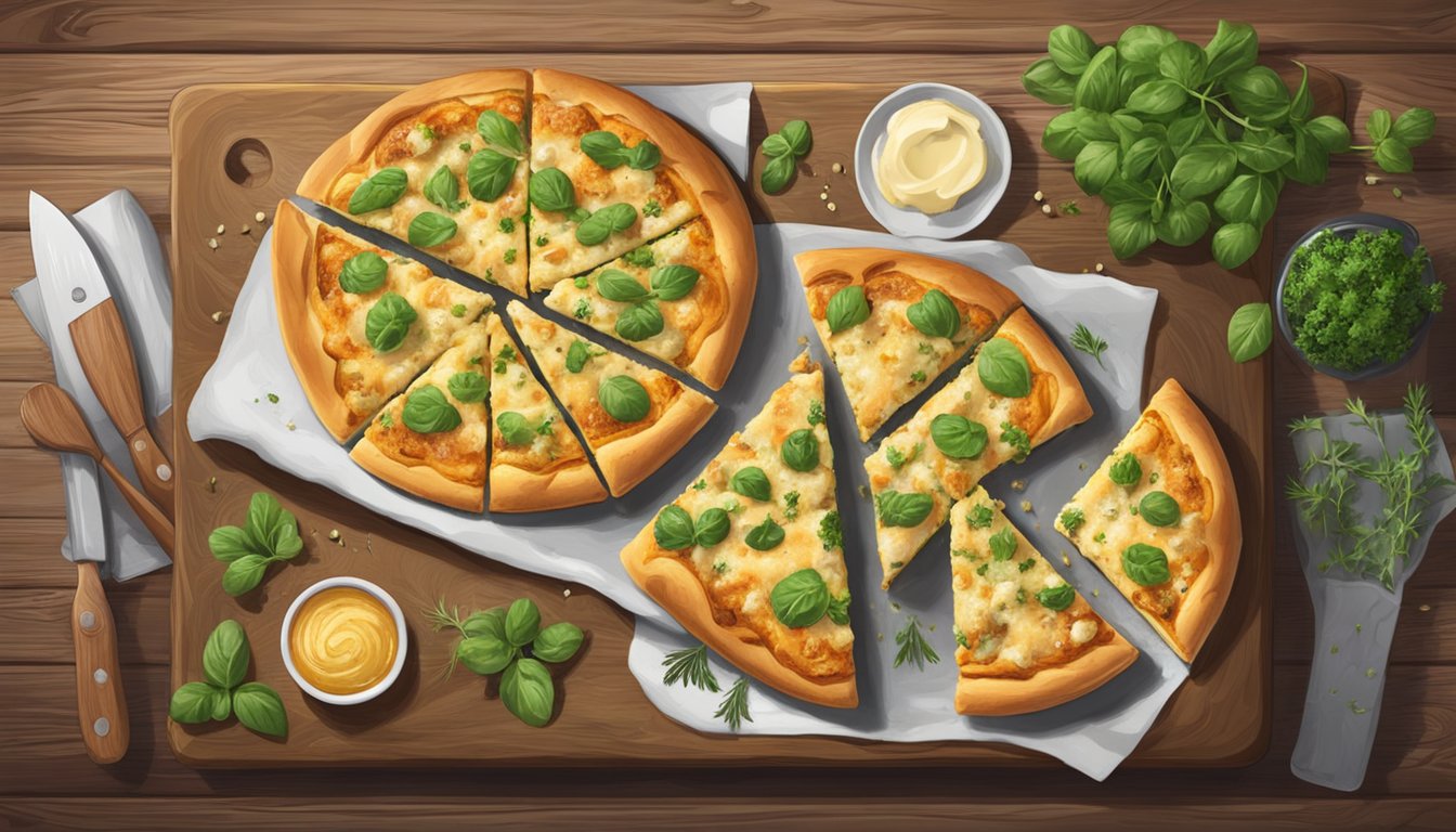 A platter of golden garlic bread pizza topped with vegan cheese and fresh herbs sits on a rustic wooden table