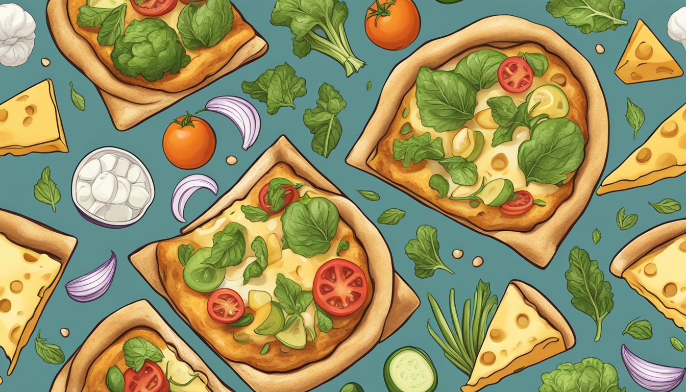 A variety of fresh vegetables and plant-based cheese fill a golden-brown vegan pizza pocket