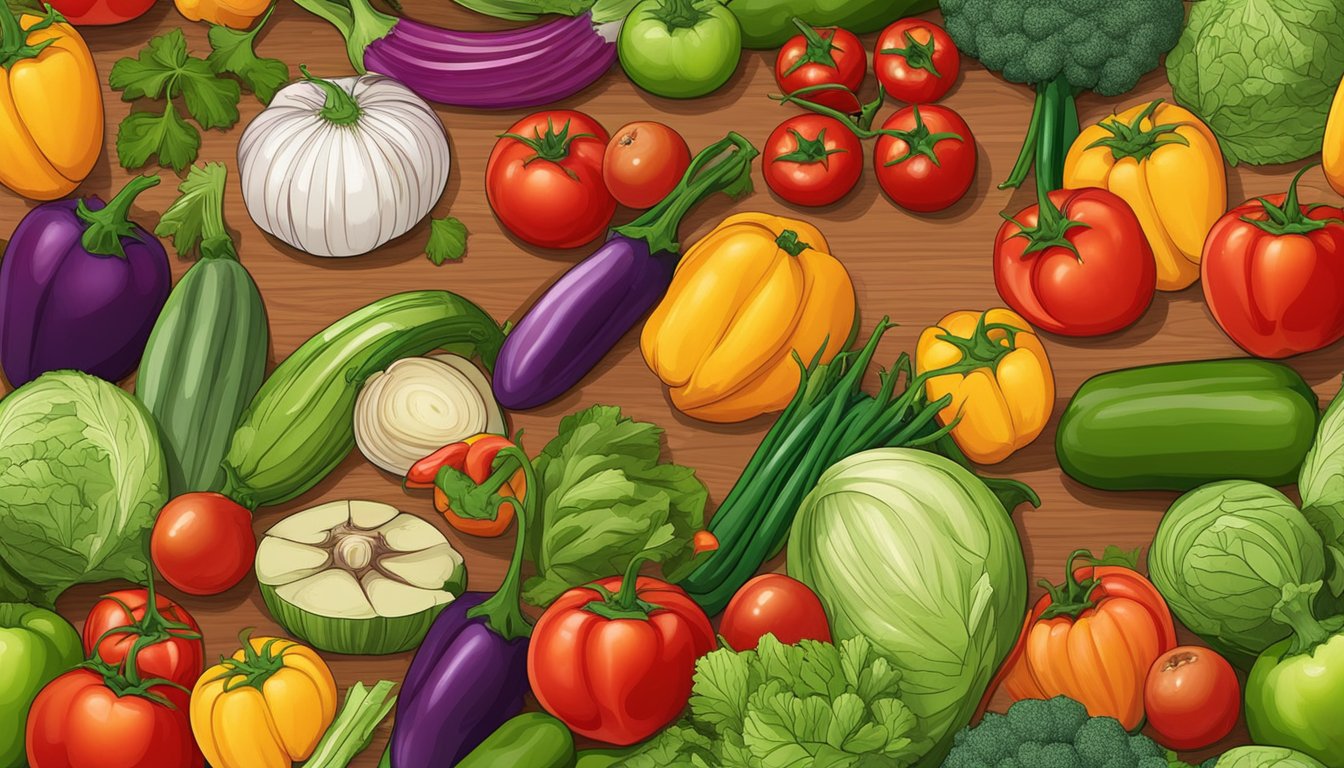 A colorful array of fresh vegetables and fruits, including tomatoes, onions, and peppers, laid out on a cutting board, ready to be chopped and mixed into vibrant salsa recipes