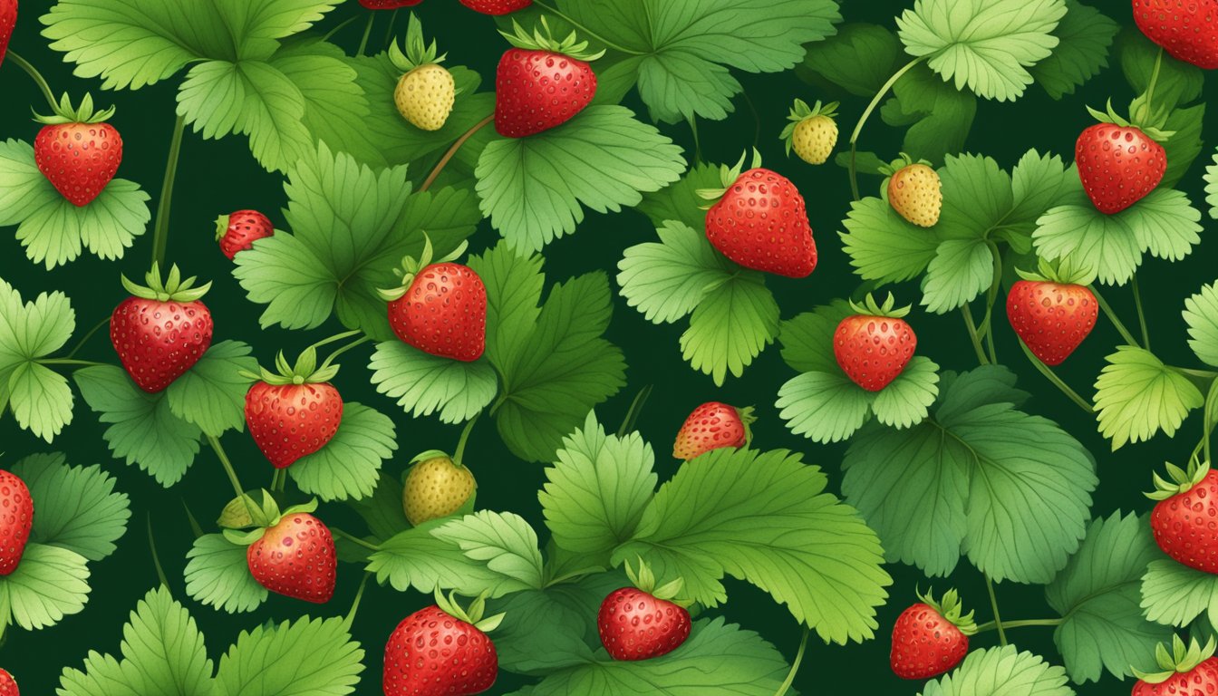 Wild strawberries scattered among lush green foliage, ripe for foraging and harvesting