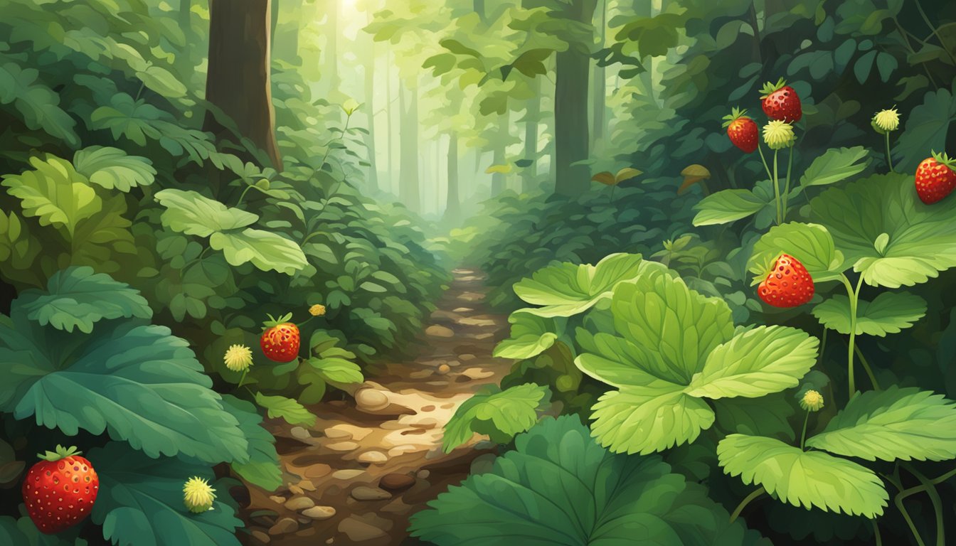 A lush forest floor with dappled sunlight, wild strawberries peeking out from under the leaves, surrounded by diverse foliage and small creatures