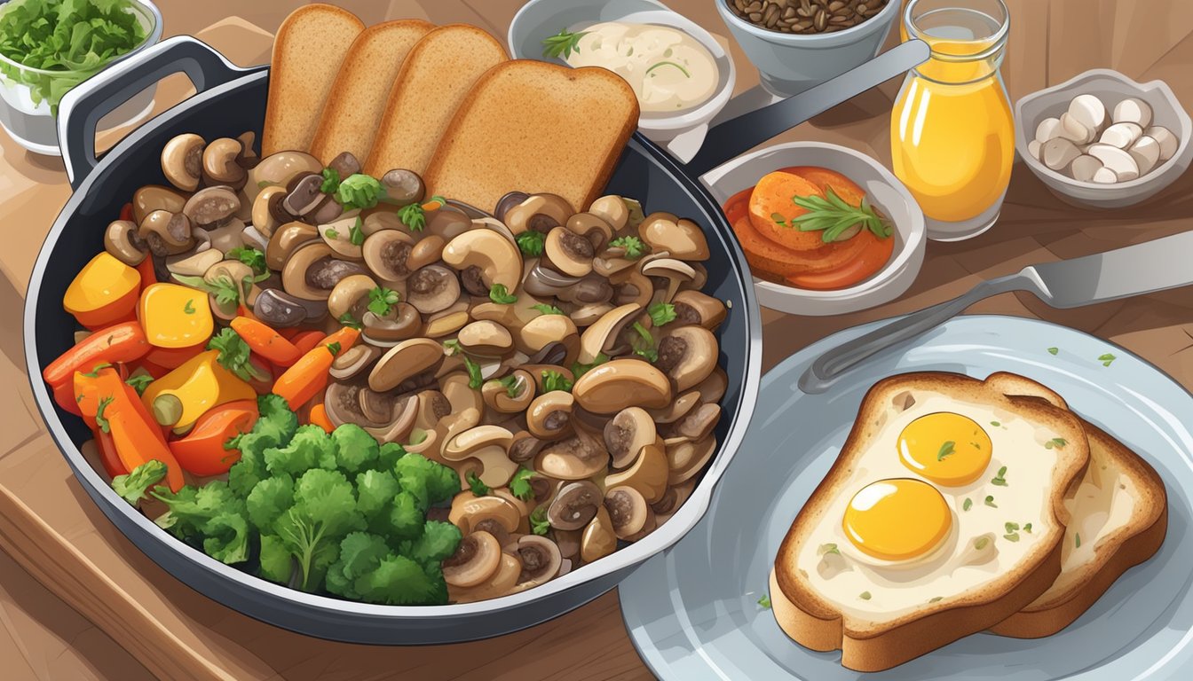 A sizzling pan of sauteed mushrooms, alongside colorful vegetables and a hearty whole grain toast, creating a delicious and diabetes-friendly English breakfast