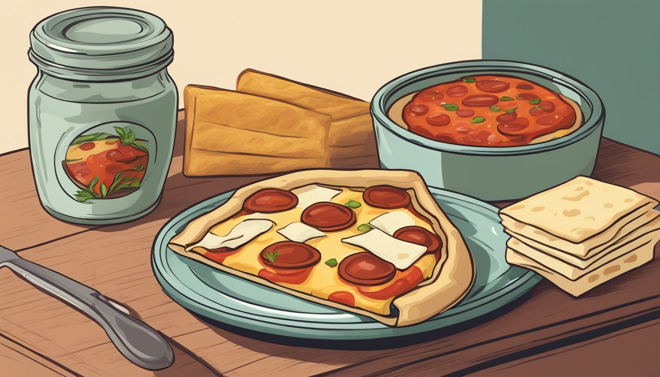 A pizza pocket sits on a plate next to a stack of napkins, with a container of vegan cheese and a jar of tomato sauce in the background