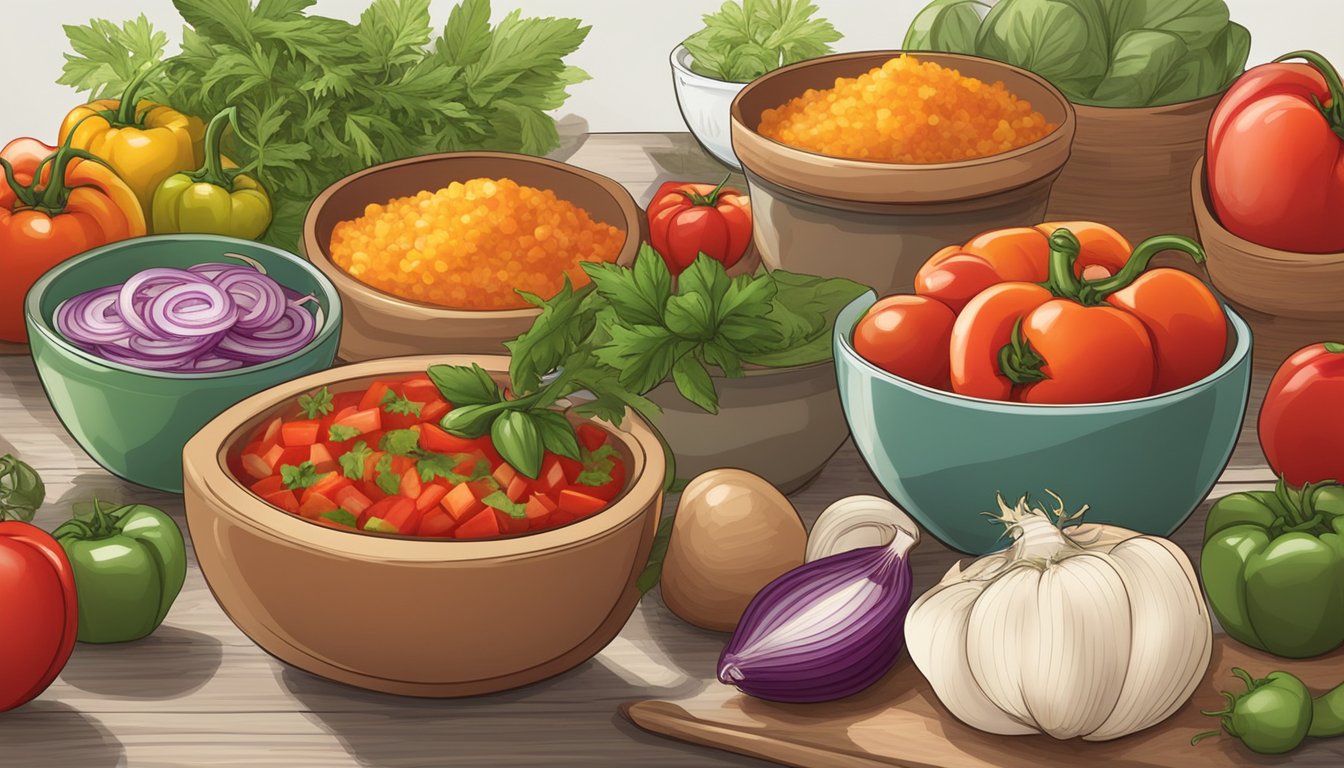 A table with colorful bowls of salsa ingredients - tomatoes, peppers, onions, and herbs. A nutrition label with "Diabetic-Friendly" on a jar of salsa