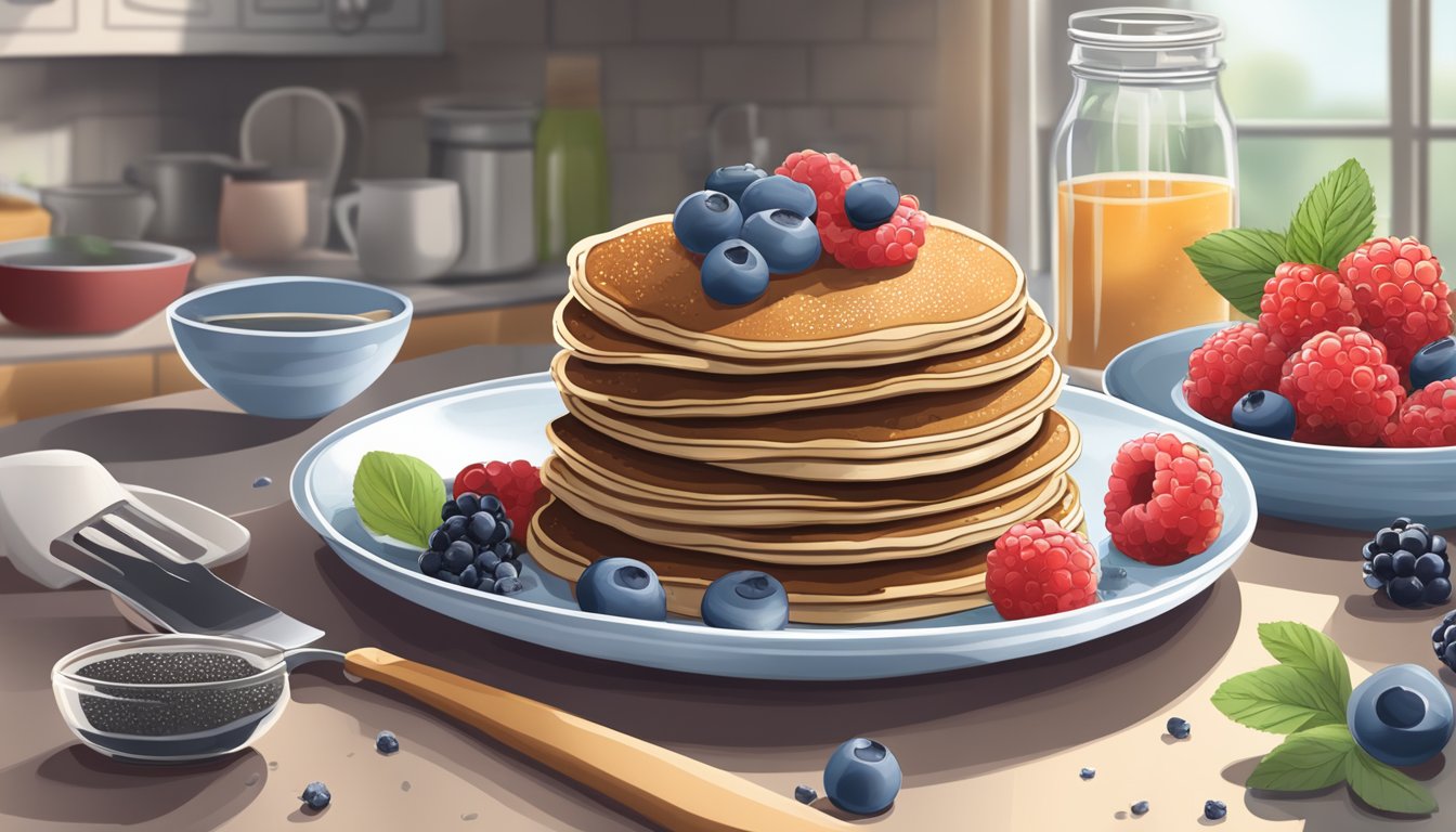 A kitchen scene with a stack of chia seed protein pancakes, a bowl of fresh berries, and a drizzle of sugar-free syrup