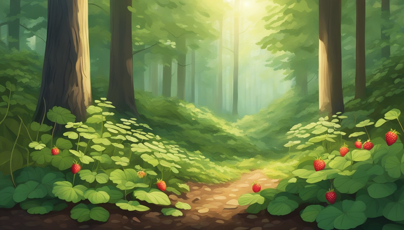 A forest floor with wild strawberry plants, surrounded by lush greenery and dappled sunlight filtering through the trees