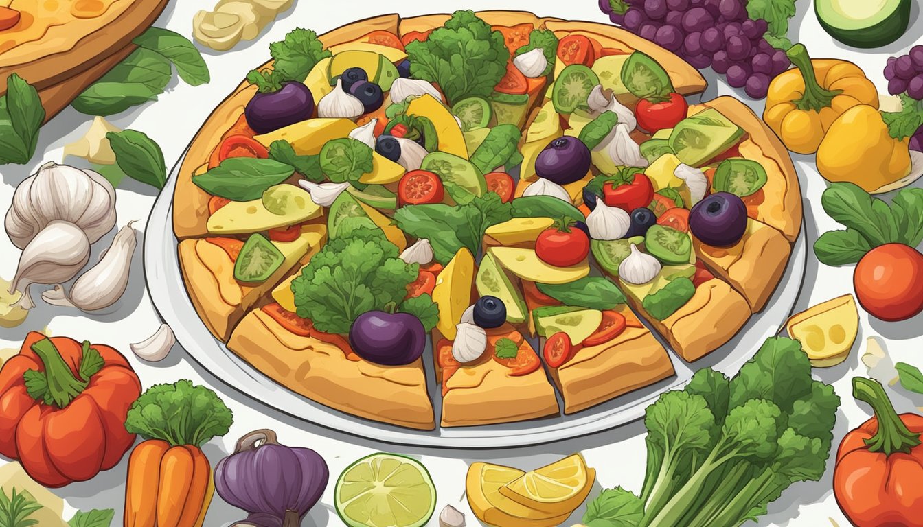 A vegan garlic bread pizza surrounded by various vegetables and fruits, with a focus on the ingredients used for nutritional considerations