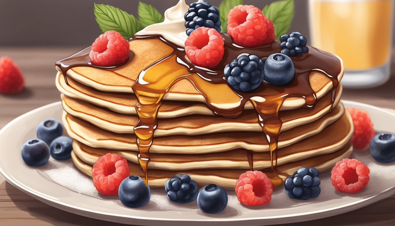 A stack of fluffy coconut flour pancakes topped with fresh berries and a drizzle of sugar-free syrup