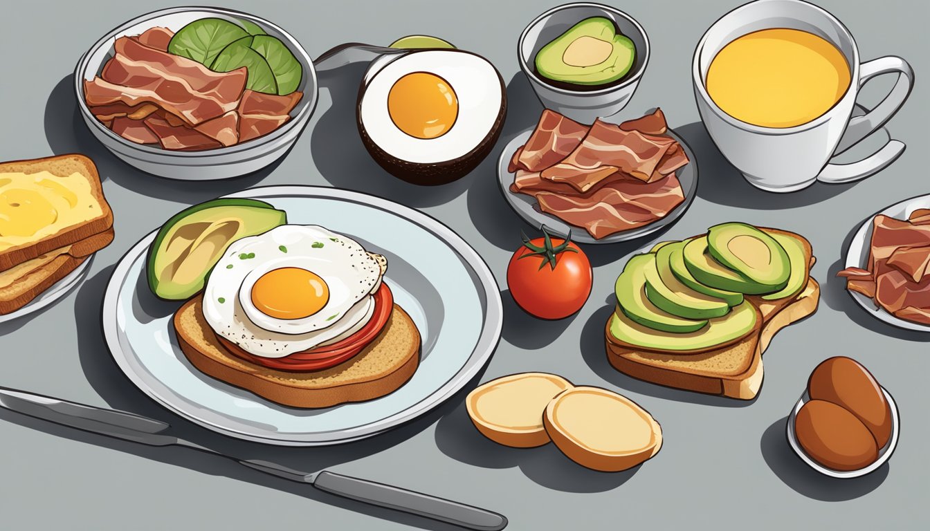 A plate of colorful, nutrient-rich foods arranged in a visually appealing manner, including eggs, whole grain toast, avocado, tomatoes, and lean turkey bacon