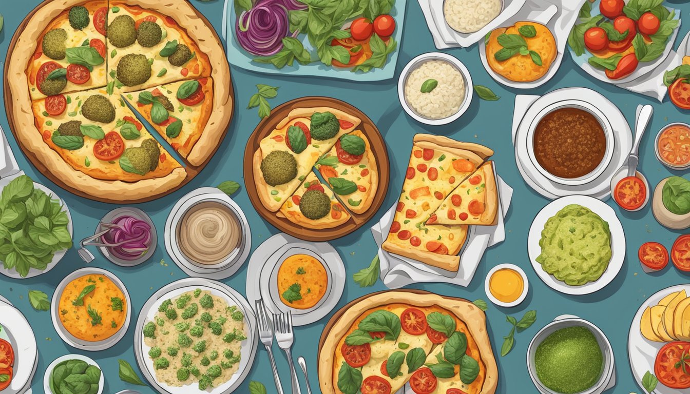 A table set with a freshly baked garlic bread pizza surrounded by colorful vegan side dishes