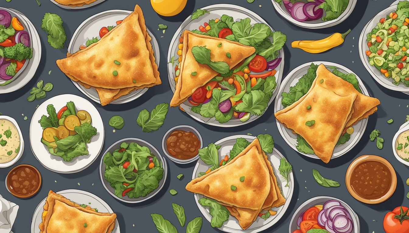 A plate of vegan pizza pockets surrounded by colorful, fresh vegetable side dishes