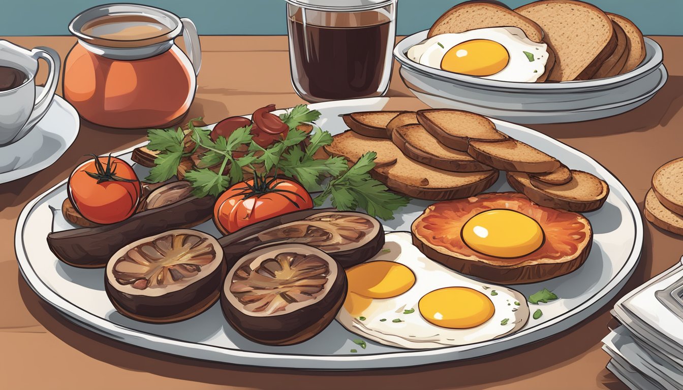 A spread of grilled tomatoes, mushrooms, eggs, and turkey bacon on a platter, with a side of whole grain toast and a pot of herbal tea