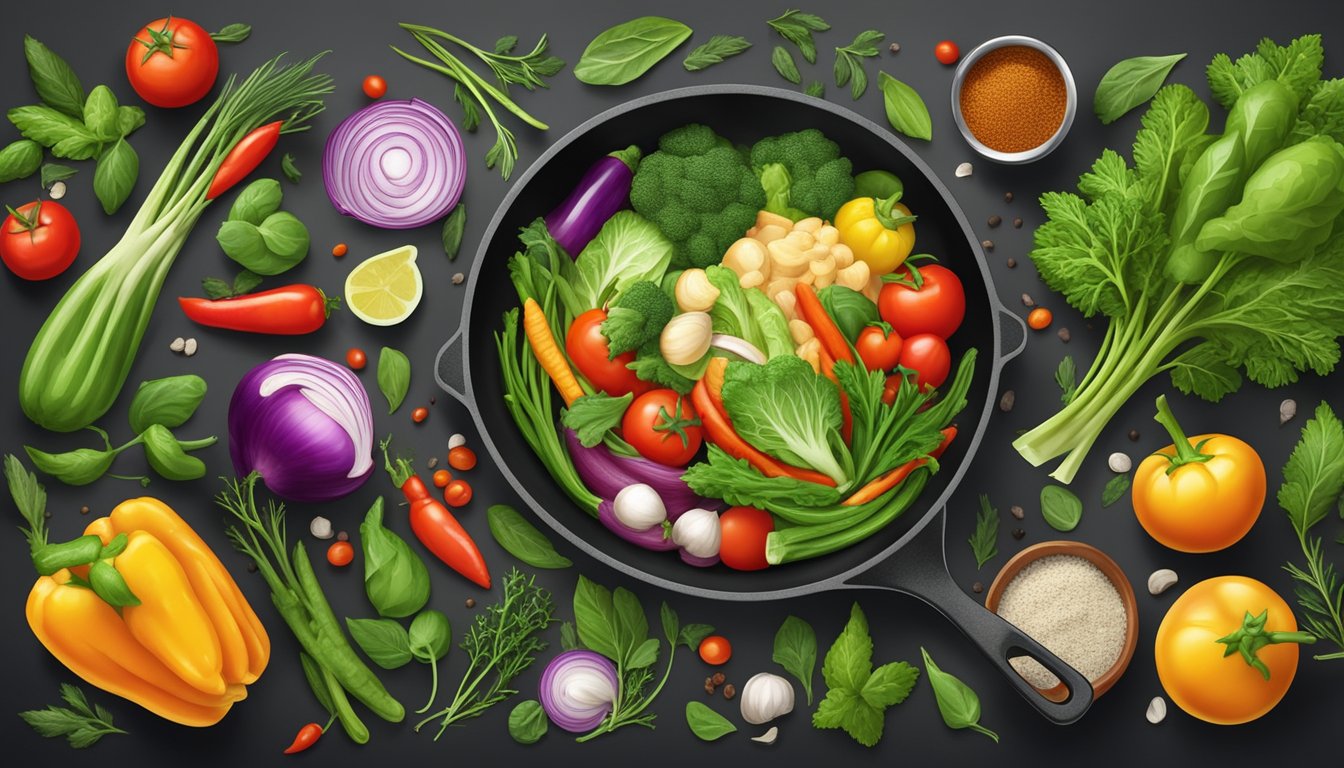 A colorful array of fresh vegetables and lean proteins sizzling in a non-stick pan, surrounded by vibrant herbs and spices