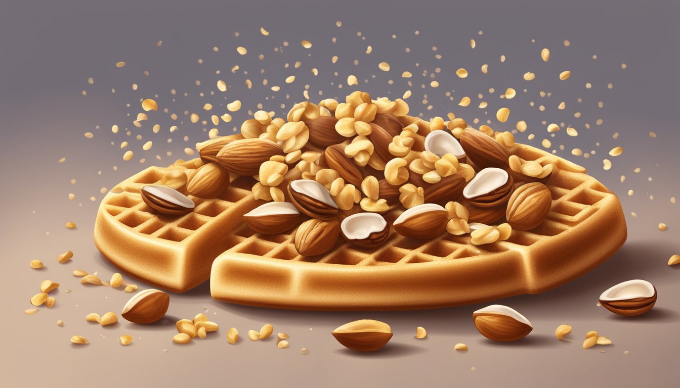 A pile of chopped nuts sprinkled on top of a golden-brown waffle