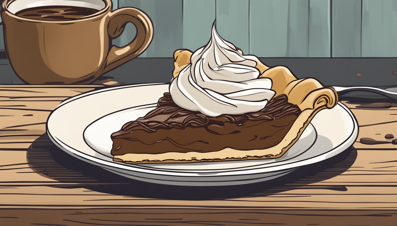 A slice of Toll House Pie sits on a rustic wooden table, surrounded by scattered chocolate chips and a dollop of whipped cream