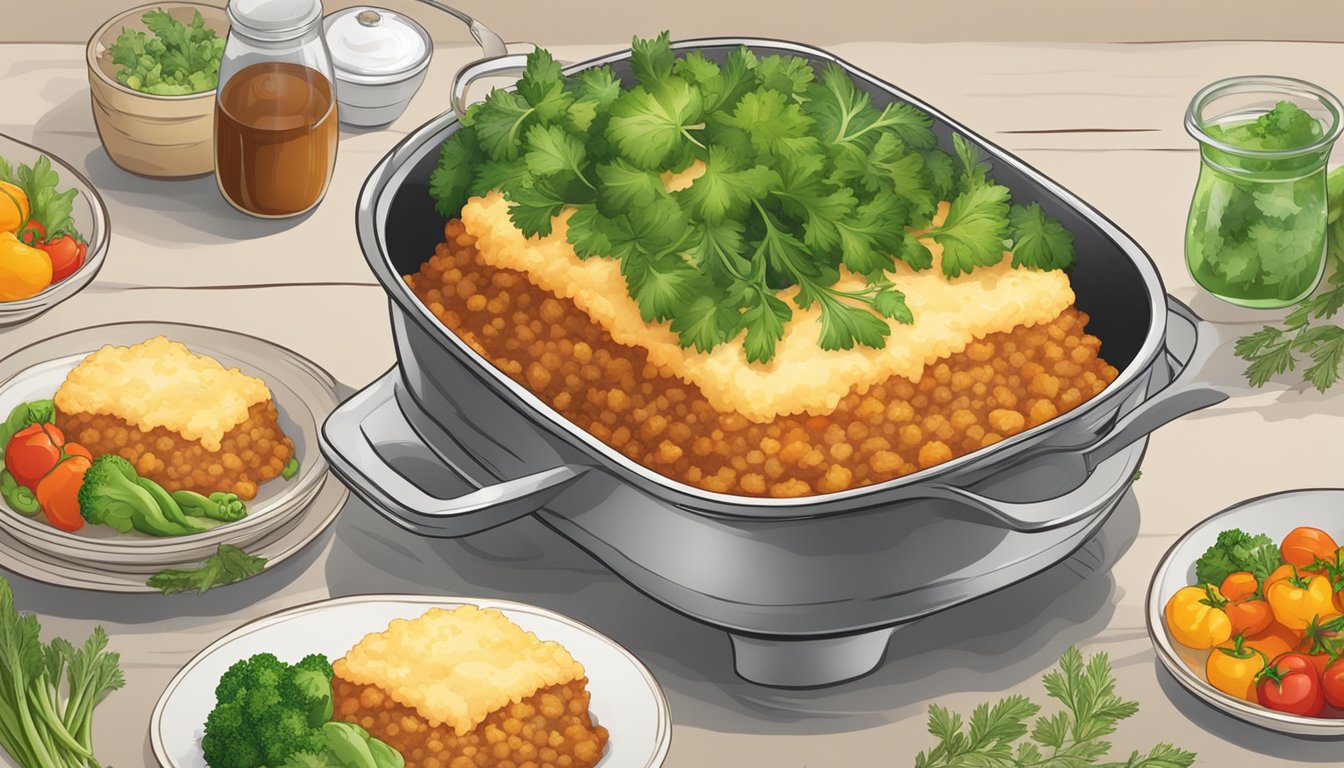 A table set with a steaming, golden-brown shepherd's pie surrounded by fresh vegetables and herbs