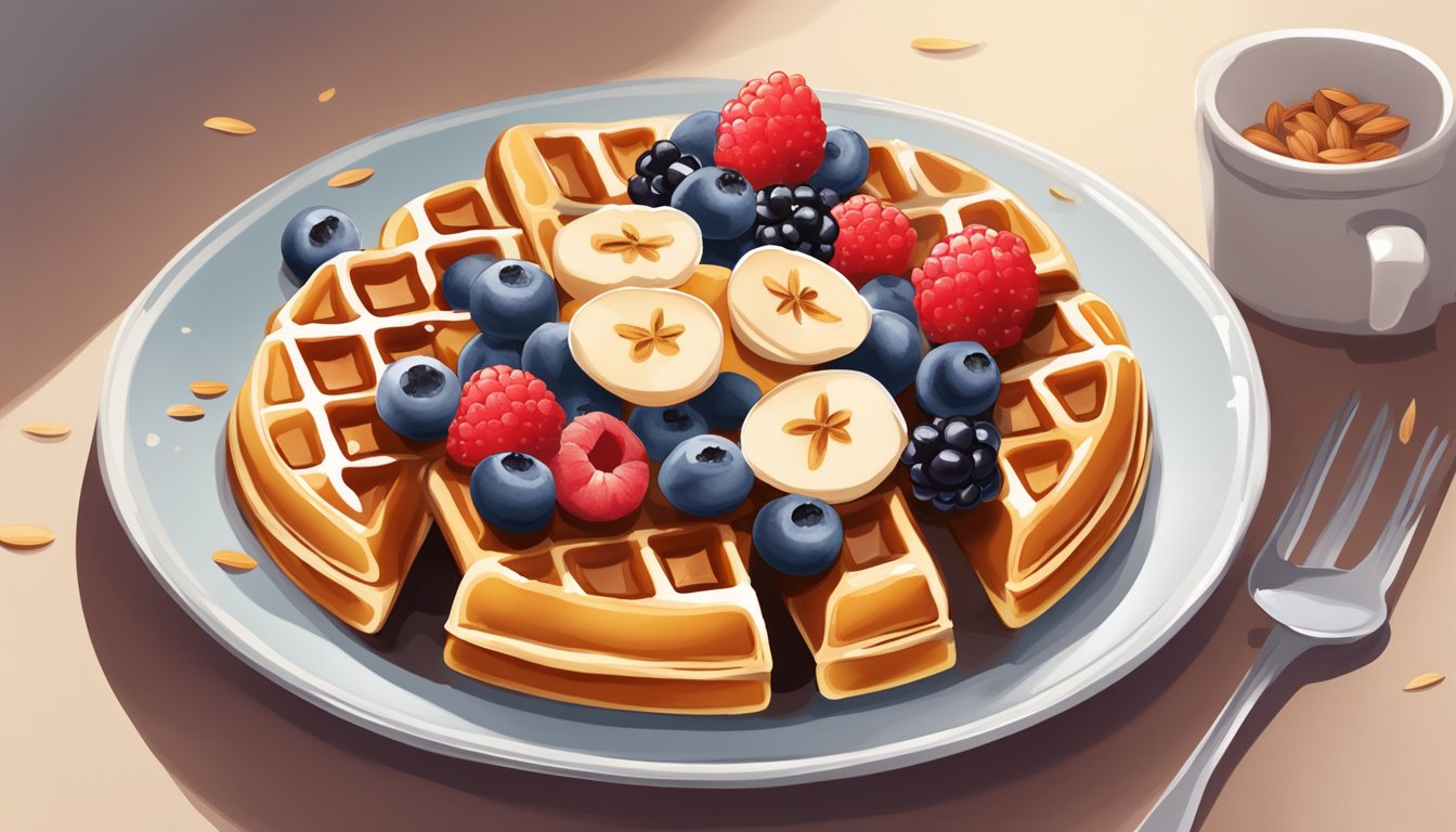 A plate of golden waffles topped with cinnamon, sliced almonds, fresh berries, and a drizzle of sugar-free syrup