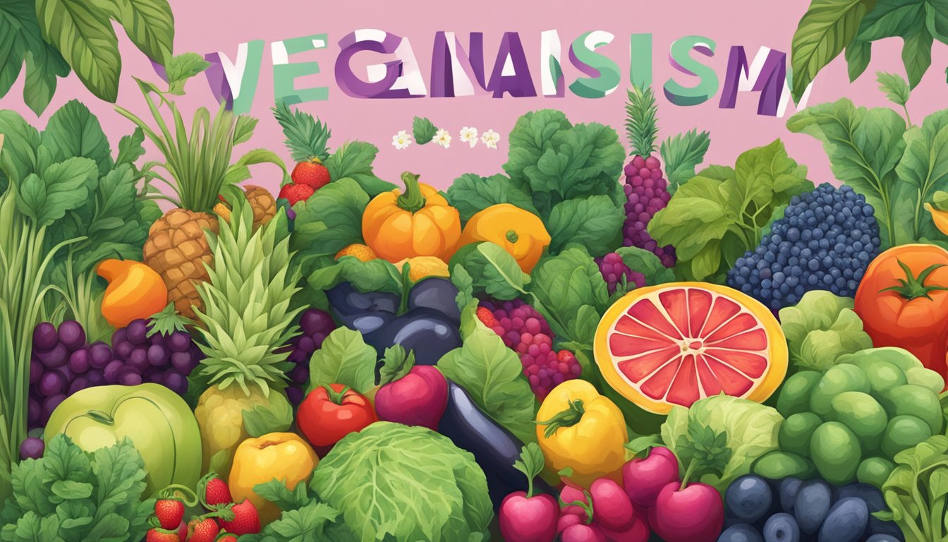 A lush garden with a variety of colorful fruits and vegetables, with a sign that reads "Veganism" in bold letters