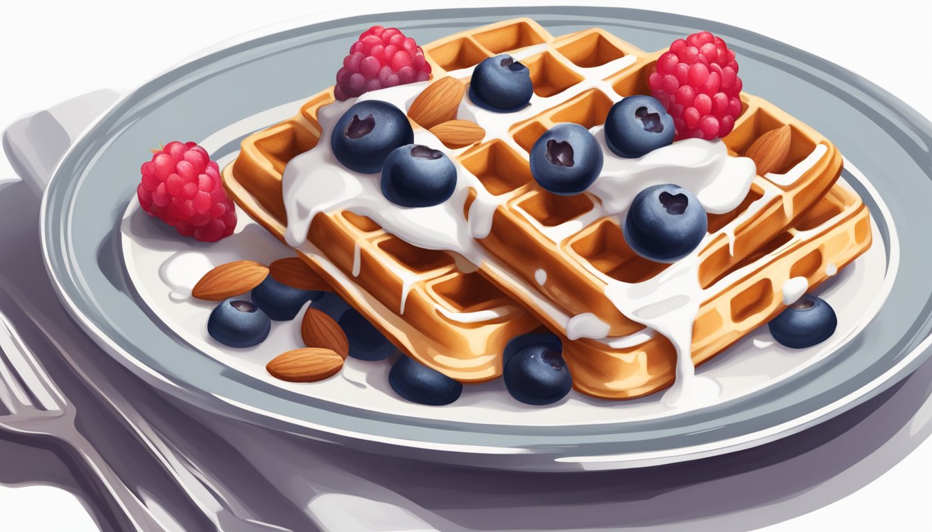 A plate with four waffles topped with fresh berries, Greek yogurt, sliced almonds, and a drizzle of sugar-free syrup