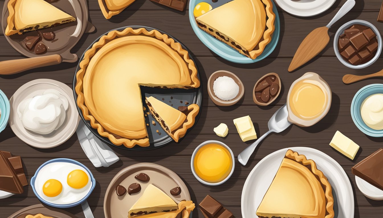 A rustic kitchen table displays a freshly baked toll house pie surrounded by ingredients like chocolate chips, butter, eggs, and sugar