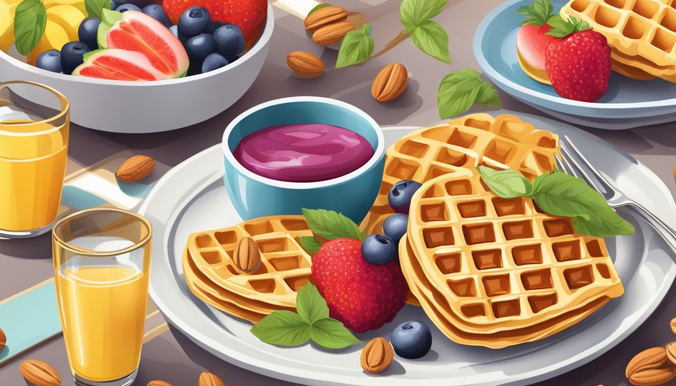 A table set with colorful bowls of fresh fruit, nuts, and sugar-free syrup next to a plate of golden waffles