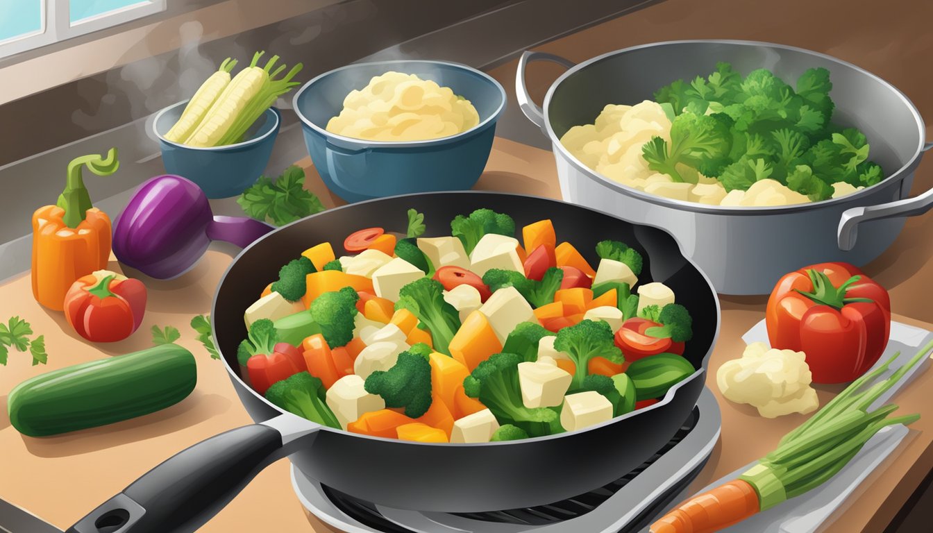 A colorful array of fresh vegetables being chopped and sautéed in a skillet, with a pot of mashed potatoes being prepared on the stove