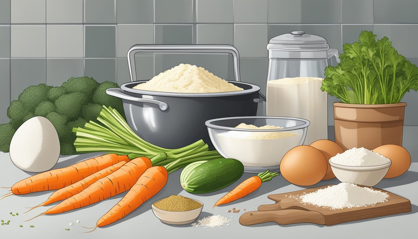 A kitchen counter with a mixing bowl filled with grated carrots and zucchinis, surrounded by ingredients like flour, eggs, and spices