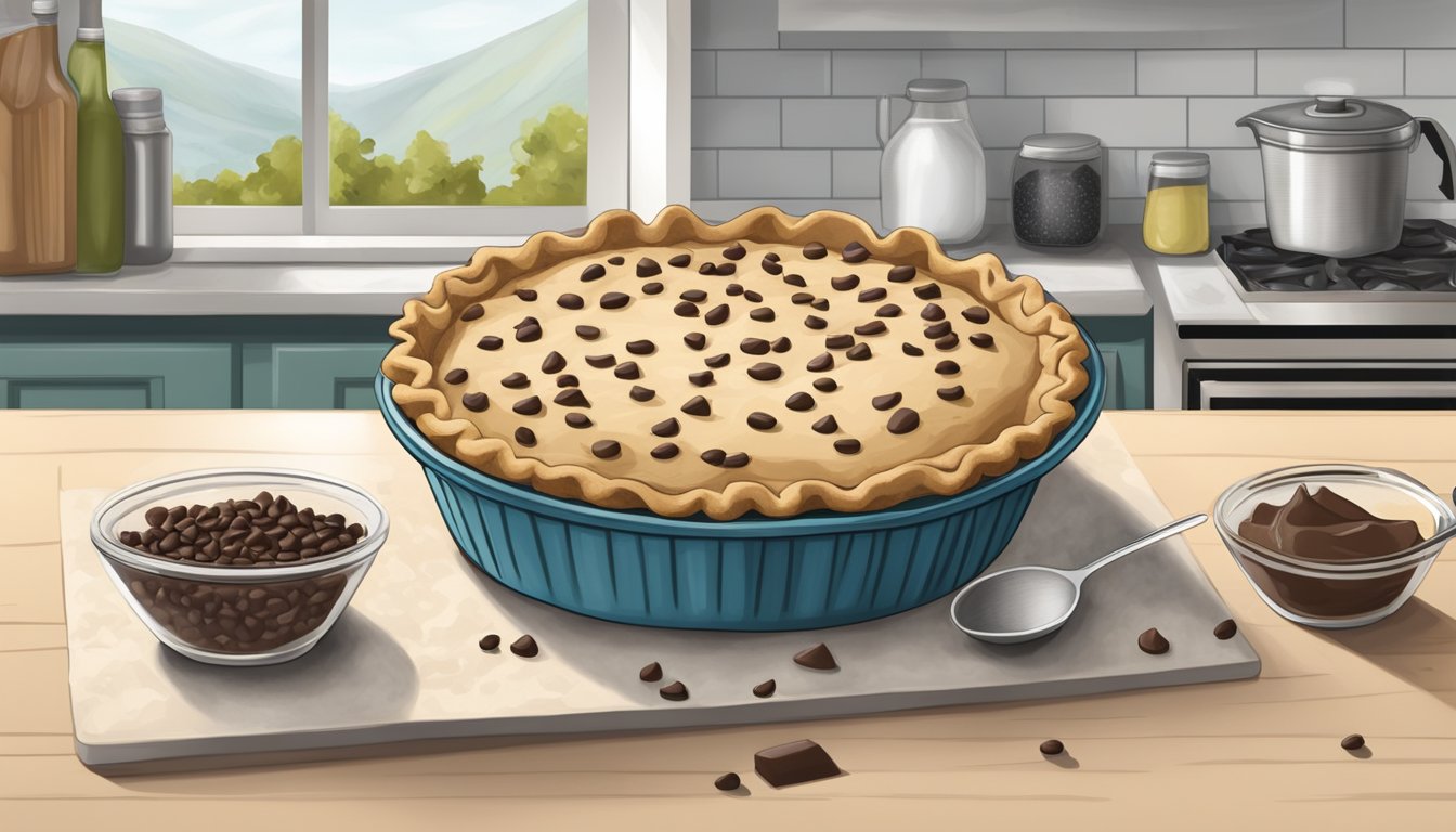 A kitchen counter with ingredients for vegan toll house pie, including chocolate chips, flour, sugar, and a pie dish