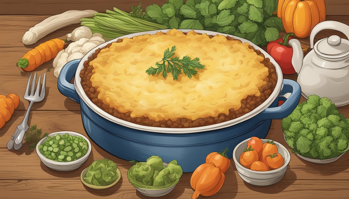 A rustic wooden table with a steaming, golden-brown shepherd's pie in a ceramic dish, surrounded by colorful vegetables and herbs