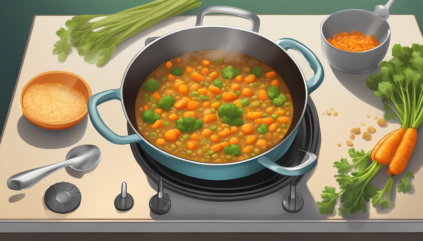 A steaming pot of carrot and lentil stew simmering on a stovetop, with vibrant orange and green vegetables visible in the rich, savory broth