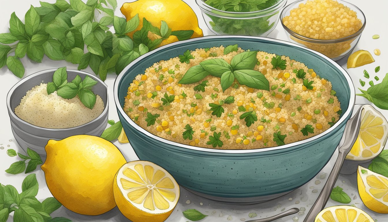 A colorful bowl of lemon herb quinoa pilaf surrounded by fresh ingredients like lemons, herbs, and various diabetic-friendly toppings