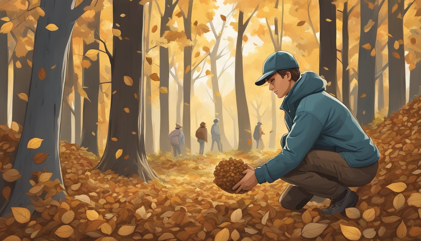 A figure collects wild walnuts from the forest floor, surrounded by trees and fallen leaves