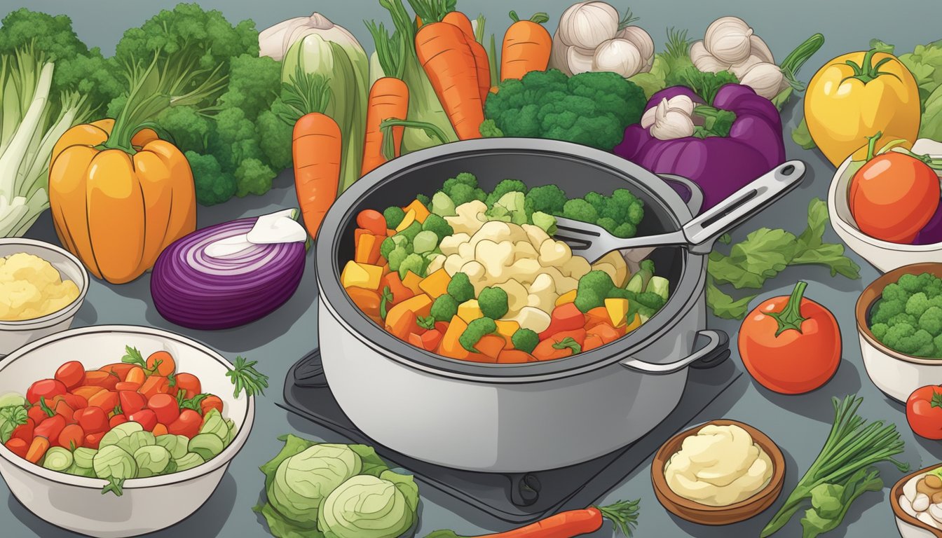 A colorful array of fresh vegetables being chopped and sautéed, with a pot of mashed potatoes being whipped up alongside