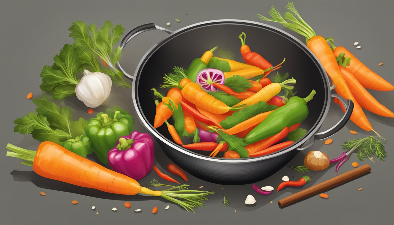 A sizzling wok filled with colorful carrots, bell peppers, and spices, emitting a tantalizing aroma