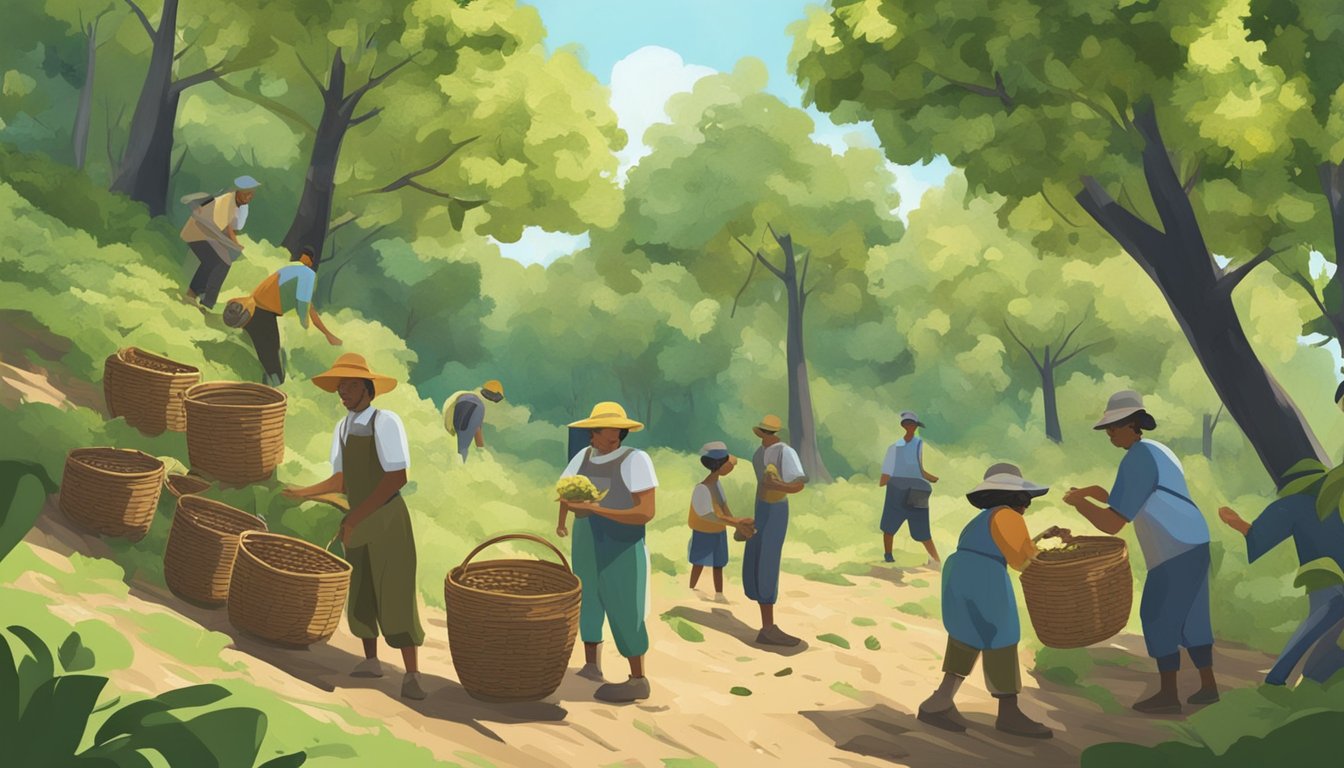 A group of people foraging for wild walnuts in a lush forest. They carefully harvest the nuts from the trees and gather them in baskets