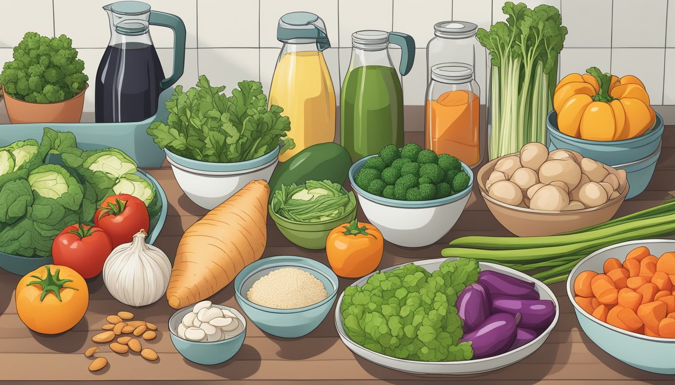 A colorful array of fresh vegetables and plant-based proteins arranged neatly on a kitchen counter, with containers for storing leftovers nearby